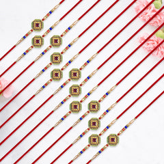 12 Pc Stone Rakhi Set with Red Center Dial, Pearl Beads & Multicolor Accents â€“ Elegant Raksha Bandhan Gift Box for Brothers
