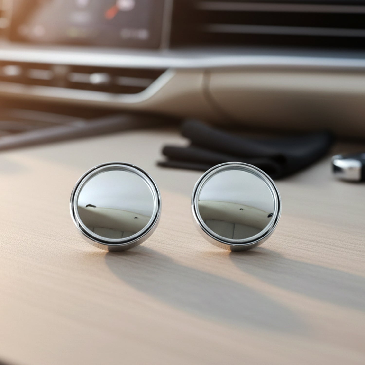 Adhesive backing on silver round blind spot mirror