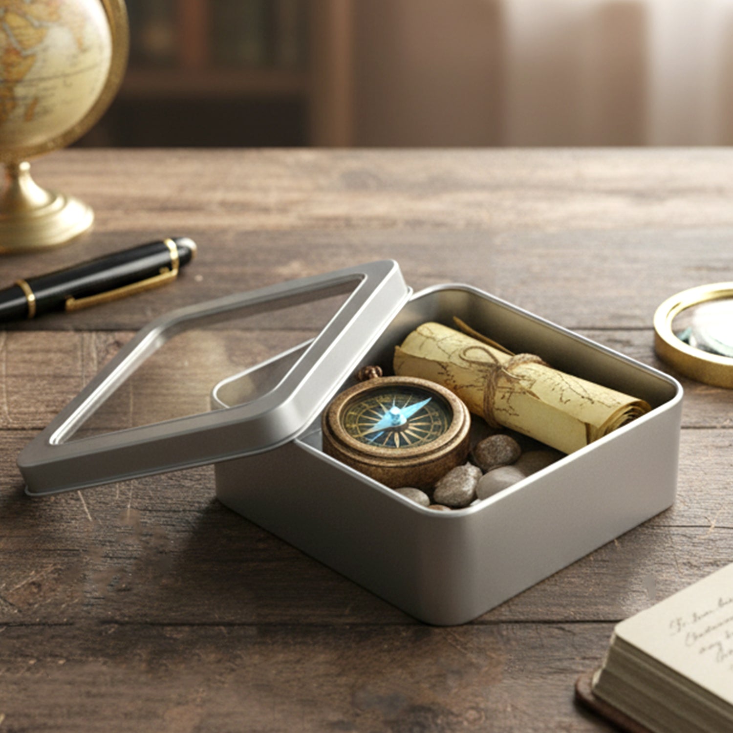 Compact reusable storage tin with transparent lid