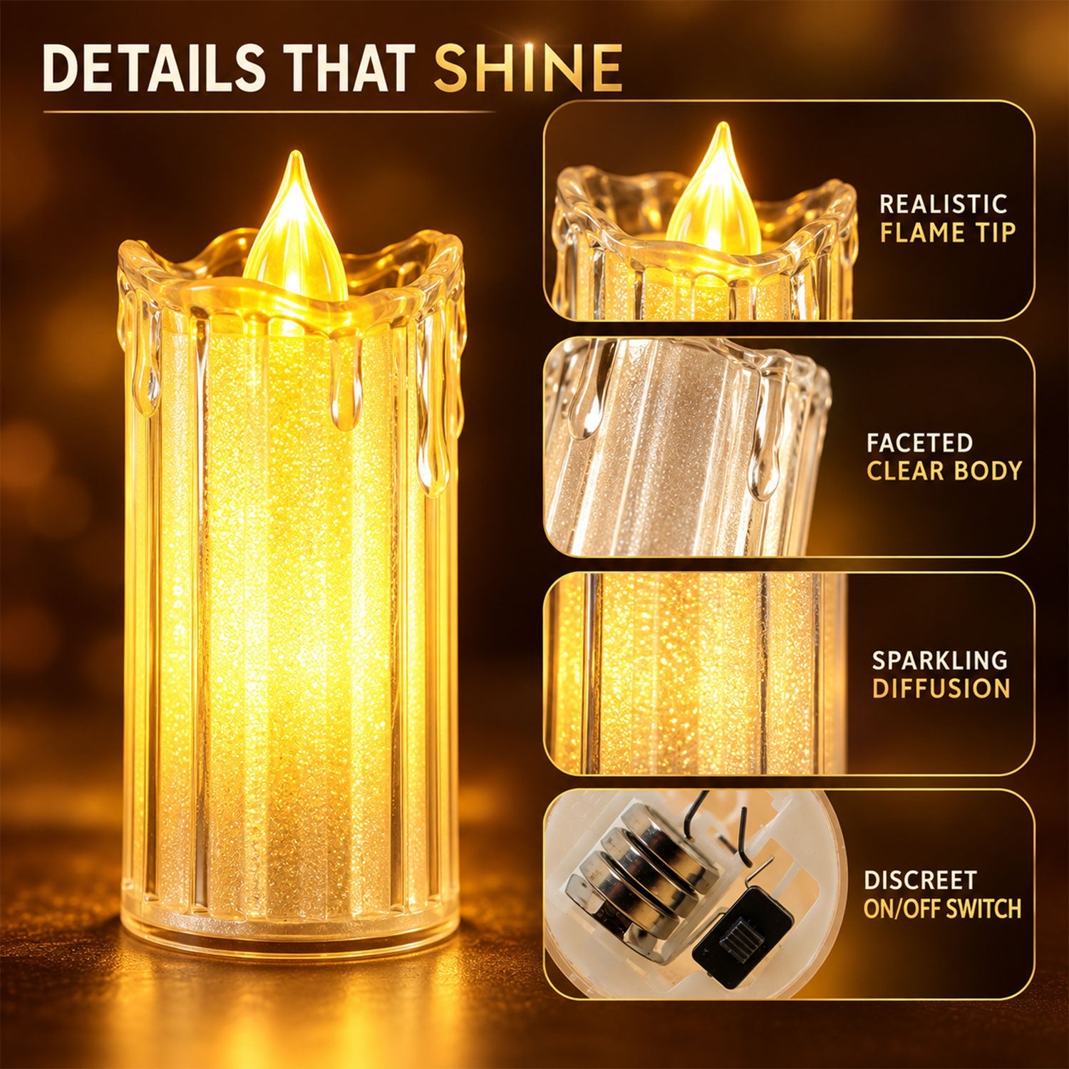 Close-up of a clear plastic LED candle with a realistic flame tip, faceted body, sparkling diffusion, and a discreet on/off