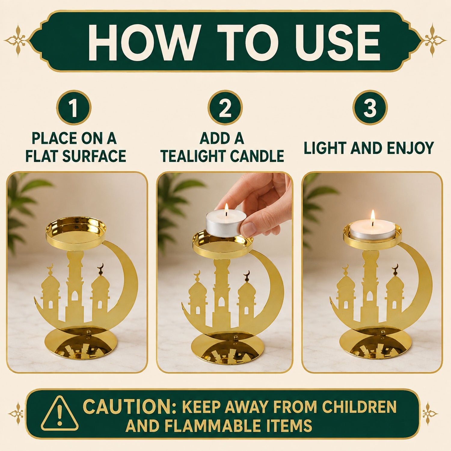 Three steps demonstrating how to use the golden metal incense holder by placing it on a flat surface, adding a tealight, and