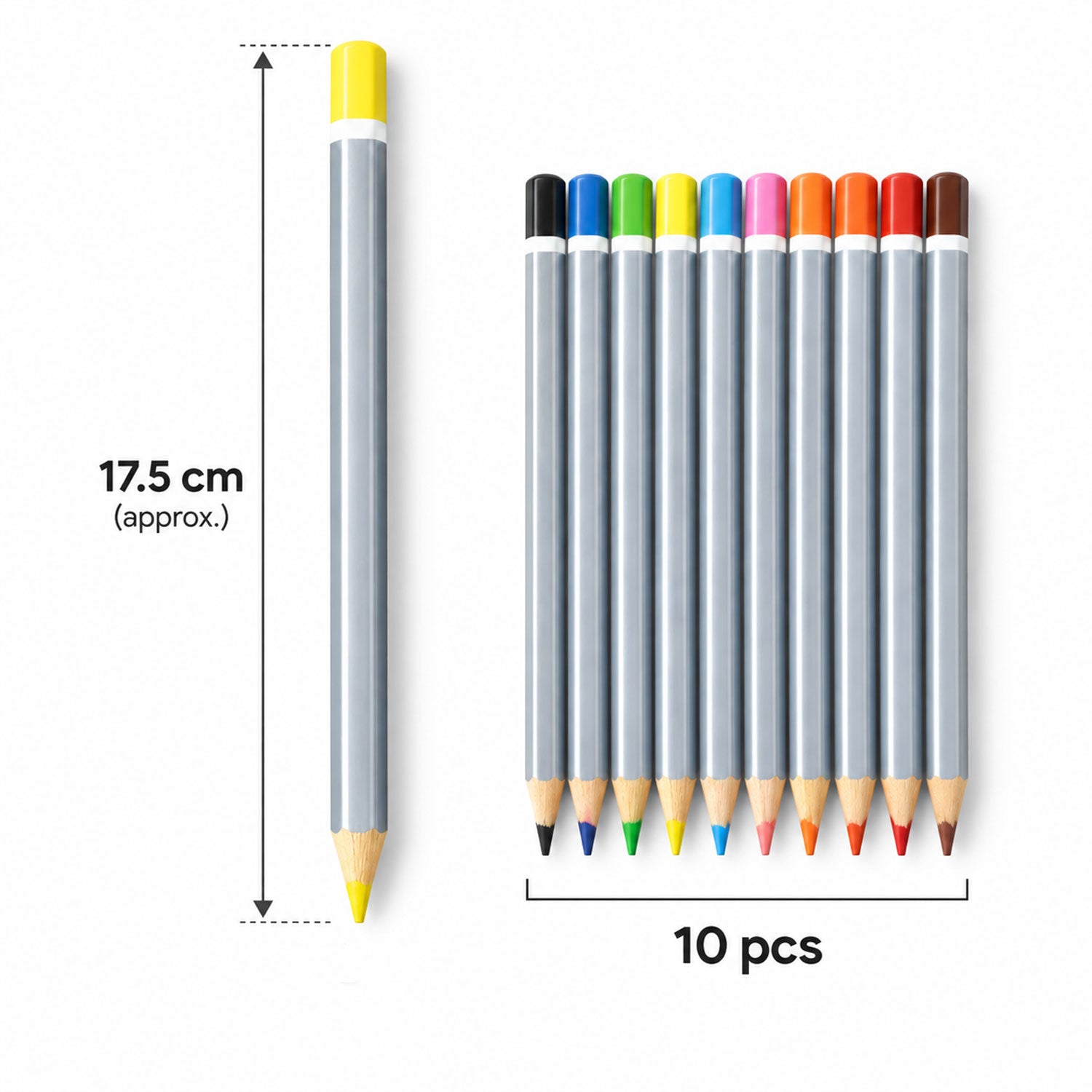 A single gray hexagonal pencil is shown with a 17.5 cm length measurement, next to a group of ten pencils with a â€œ10 pcsâ€