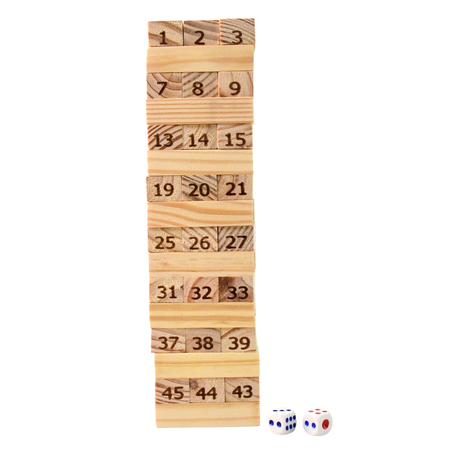 Wooden tumbling tower blocks game set displayed with case