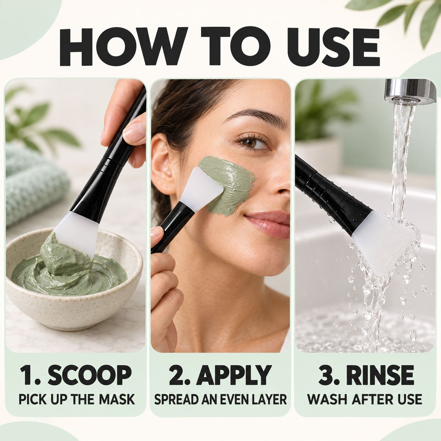 Three vertical panels illustrate how to use the brush: scooping mask from a bowl, applying it to a woman's face, and rinsing