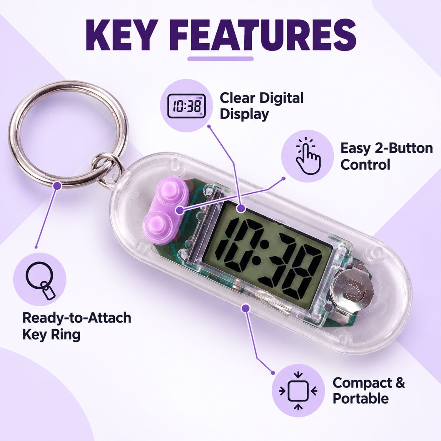 A transparent digital clock keychain with purple buttons and a metal ring, emphasizing its compact features.