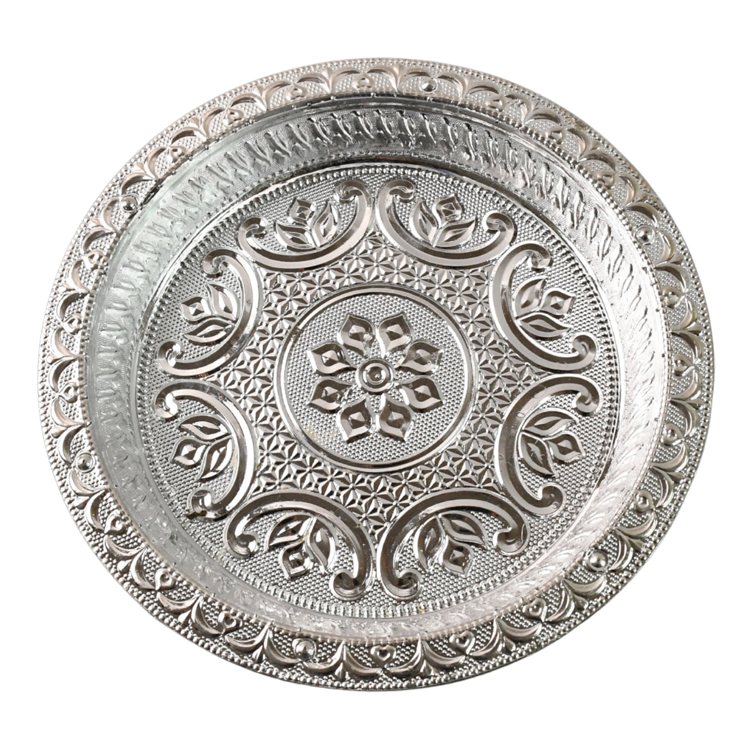 Ornamental silver tone plastic pooja thali plate