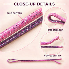 Close-up details of two glitter bobby pins, highlighting fine glitter, a smooth loop, and a curved grip tip.