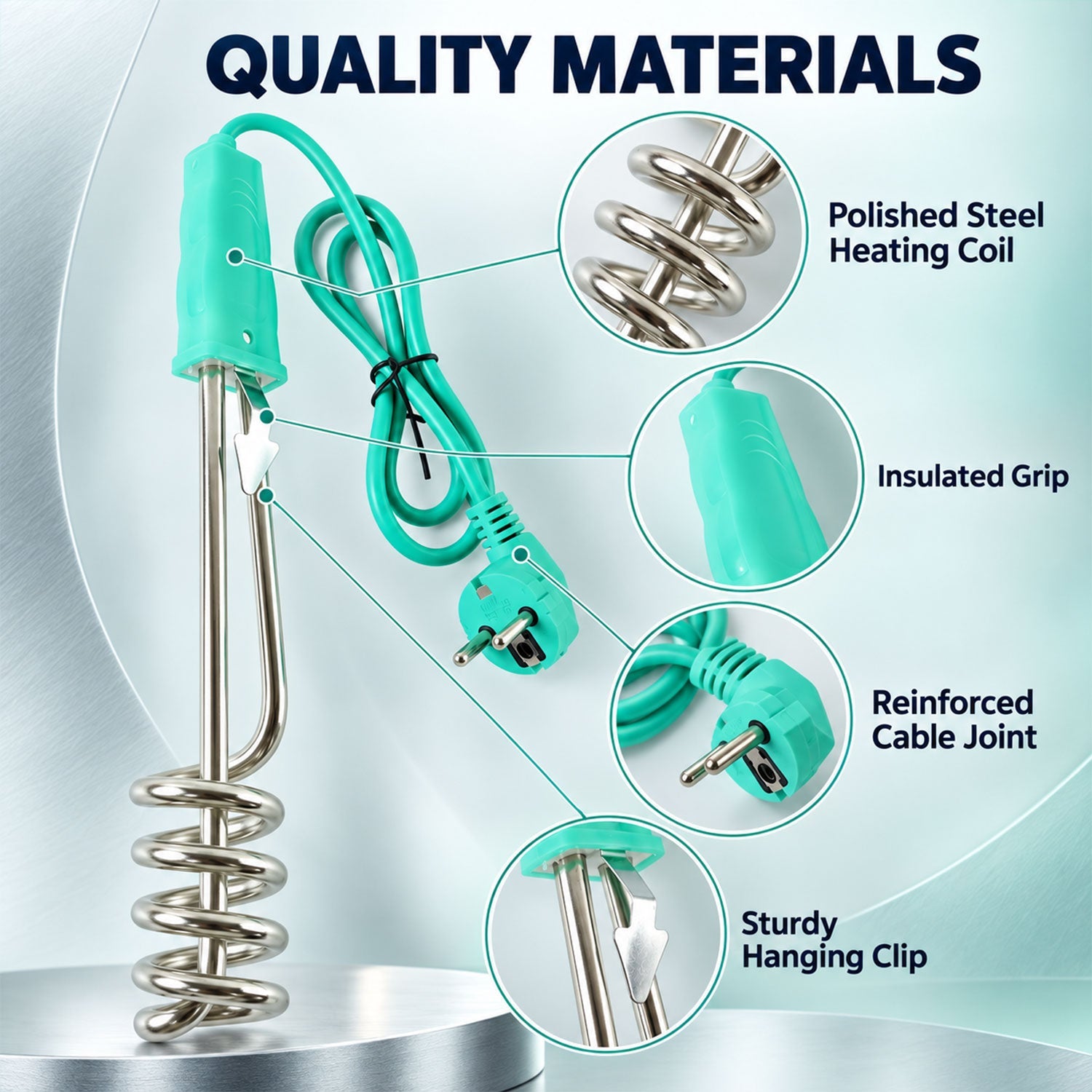 An annotated image details the quality materials: polished steel coil, insulated grip, reinforced cable joint, and sturdy