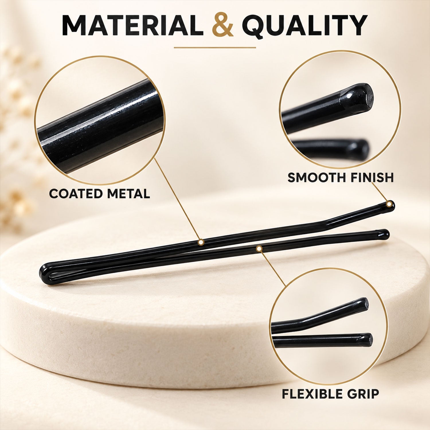 A black bobby pin with a rounded loop and smooth tips is detailed against a dark background.