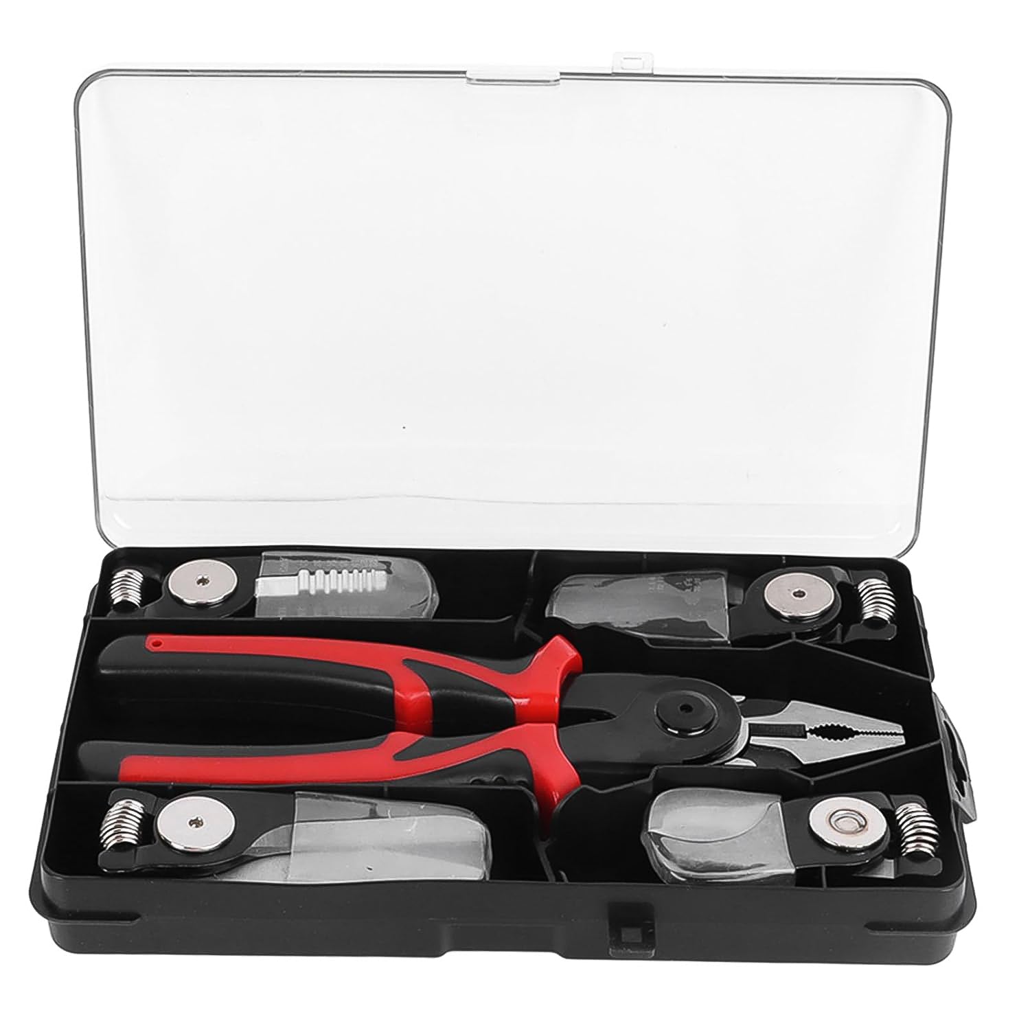 Multi-functional wire stripping and cutting pliers set in storage box