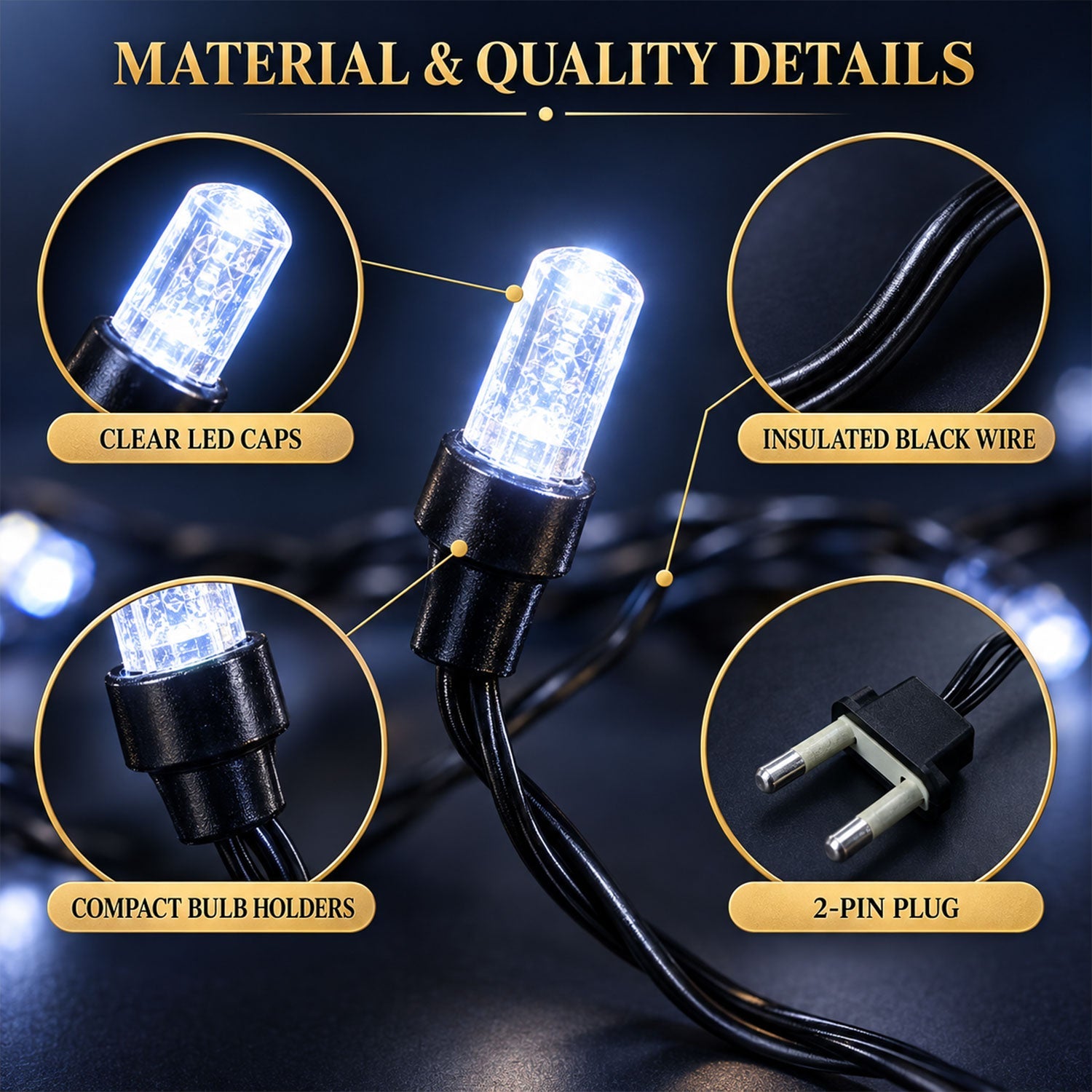 Detailed view of a white LED light with a clear cap, black bulb holder, insulated wire, and a 2-pin plug.