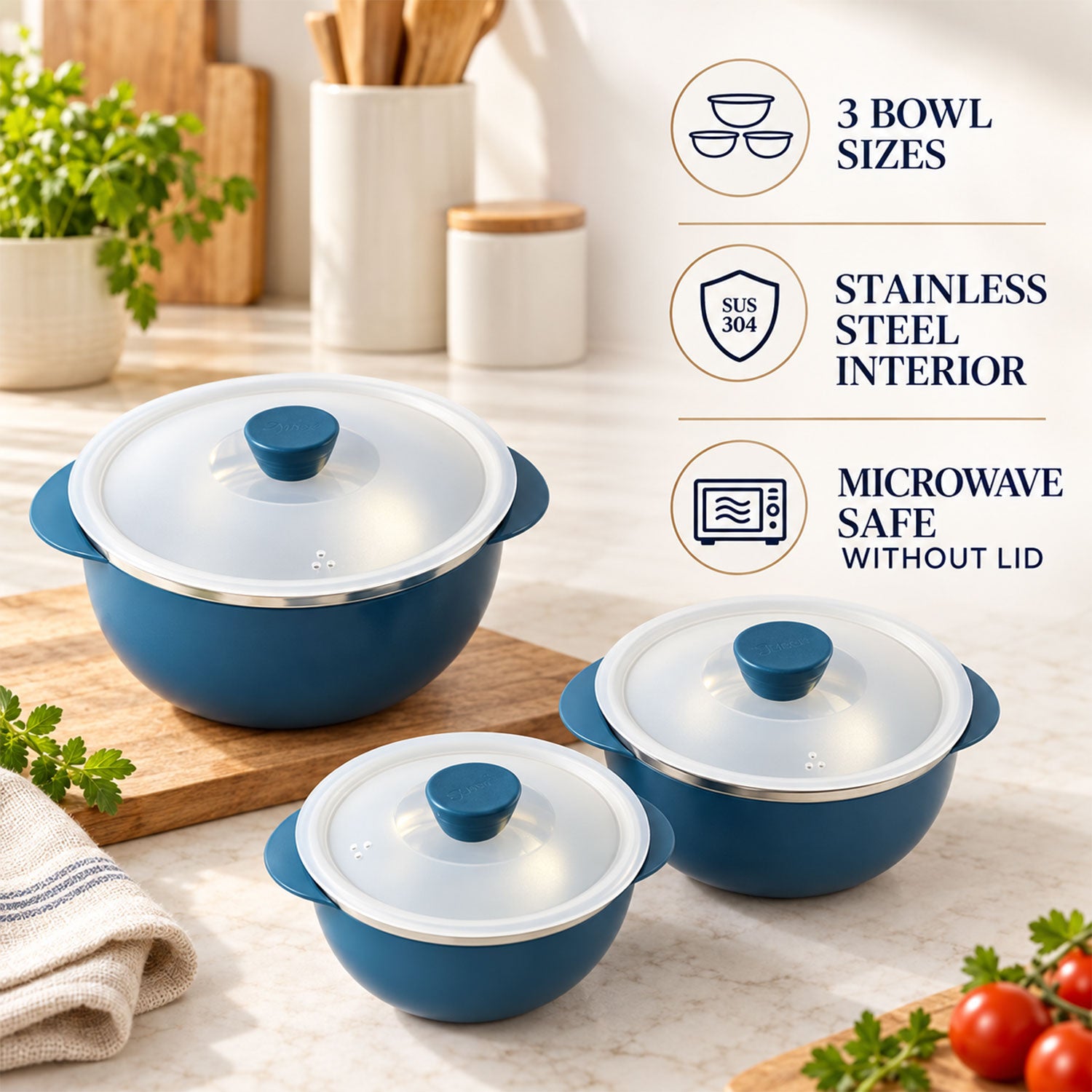 Three blue serving bowls with clear vented lids are shown with text highlighting their features: three sizes, stainless