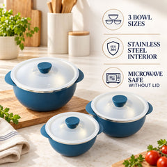 Three blue serving bowls with clear vented lids are shown with text highlighting their features: three sizes, stainless