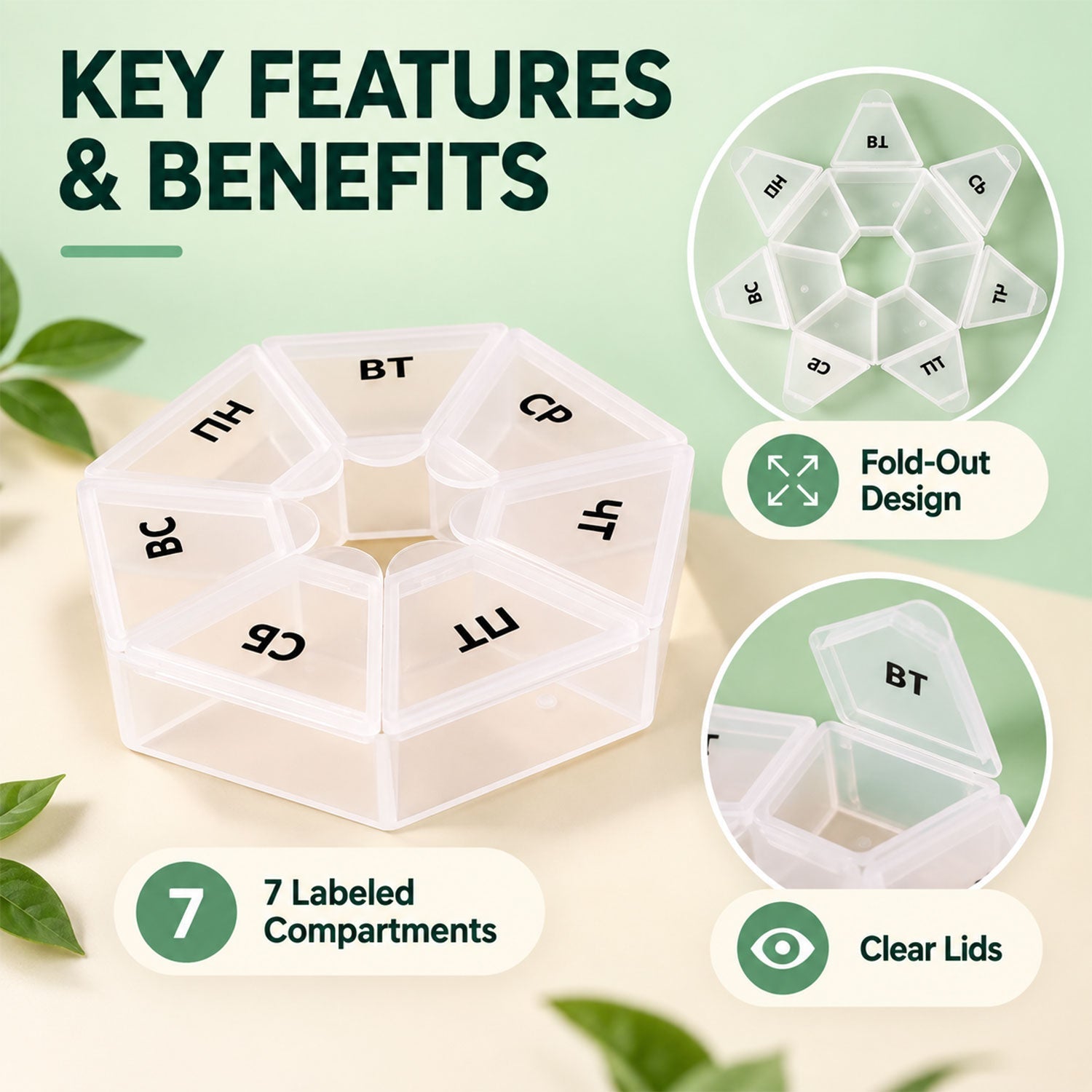 A clear hexagonal pill organizer is displayed with key features like fold-out design and clear lids.