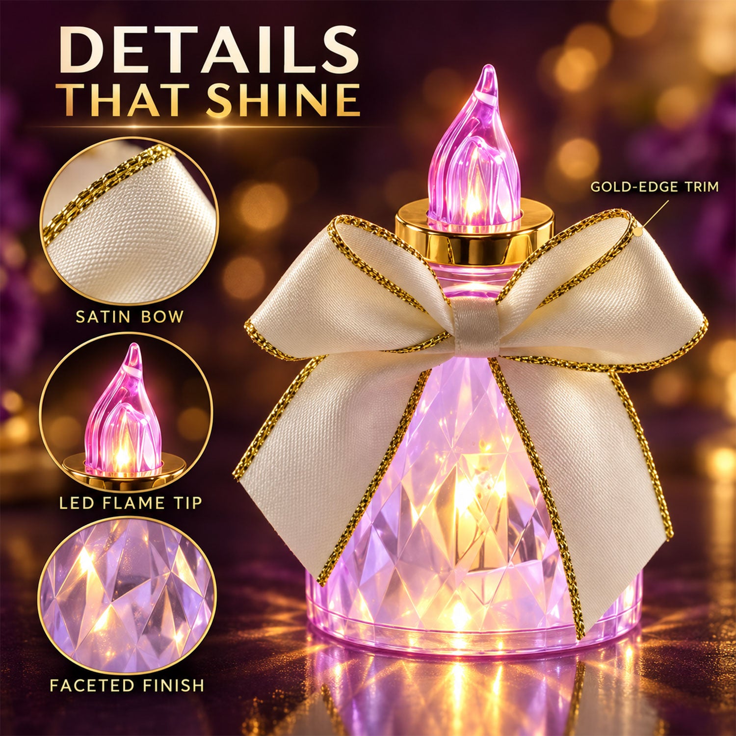 A close-up of a purple faceted LED candle with a cream bow highlights its gold-edge trim, satin bow, LED flame, and faceted