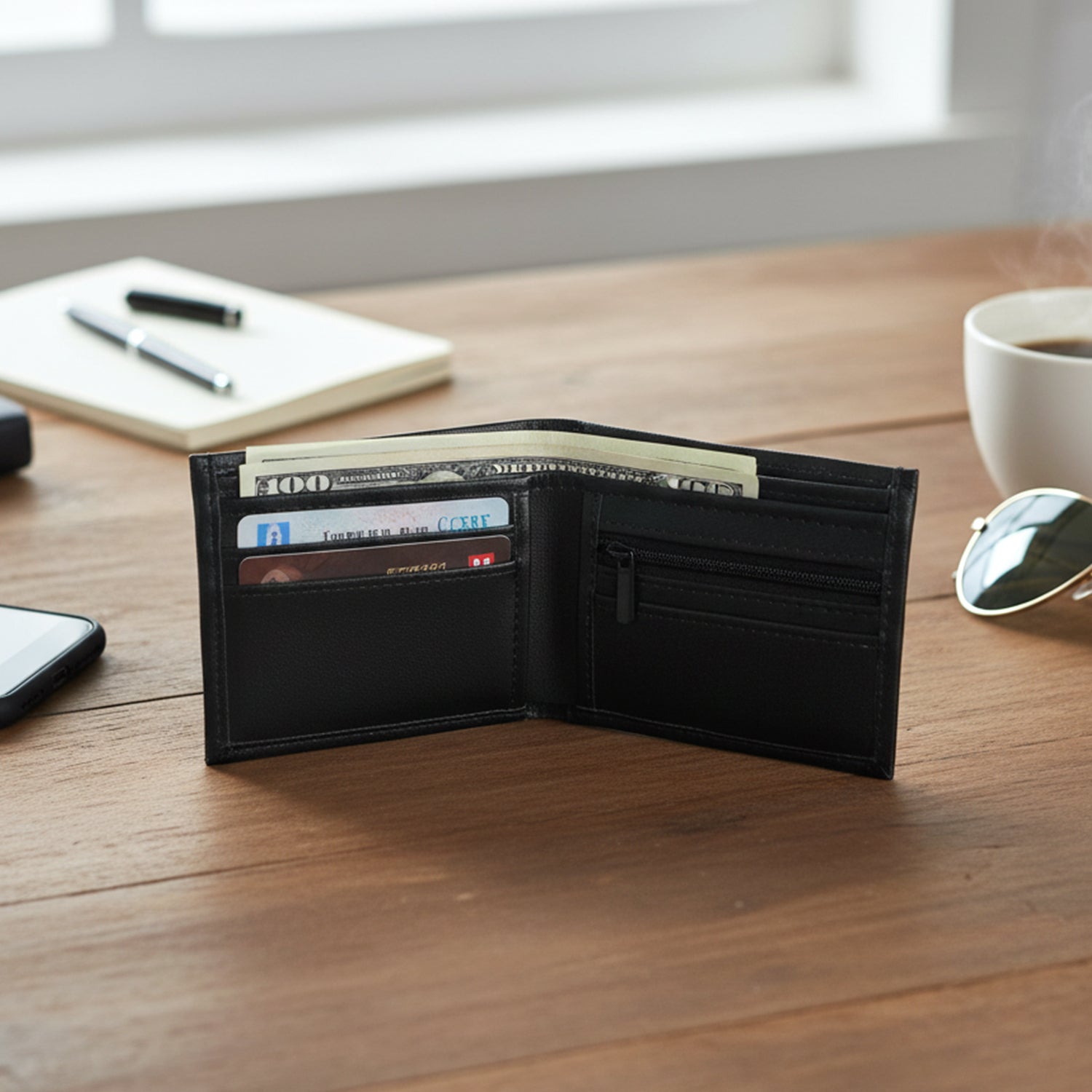 Portrait view of closed bi-fold wallet