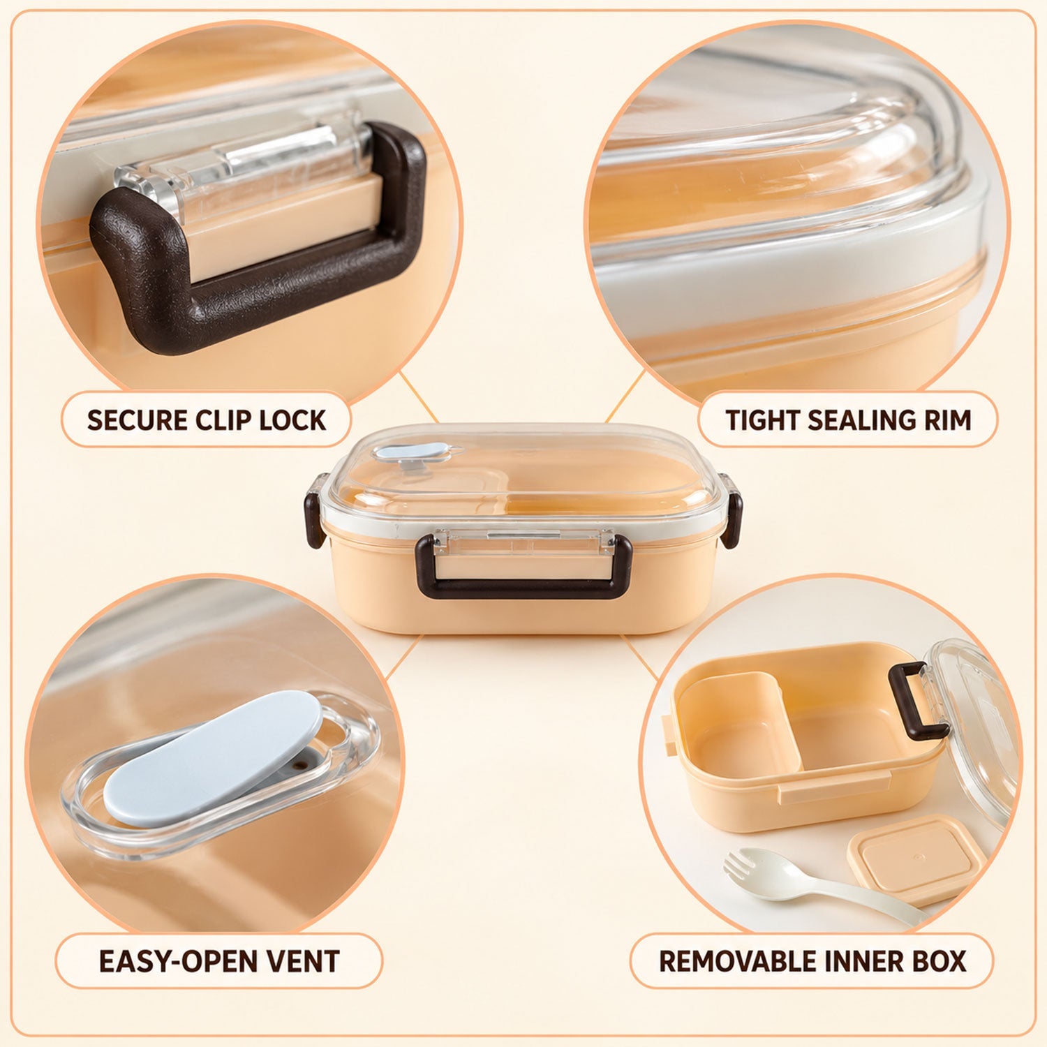 Four detailed views of the peach lunchbox, highlighting its secure clip lock, tight sealing rim, easy-open vent, and