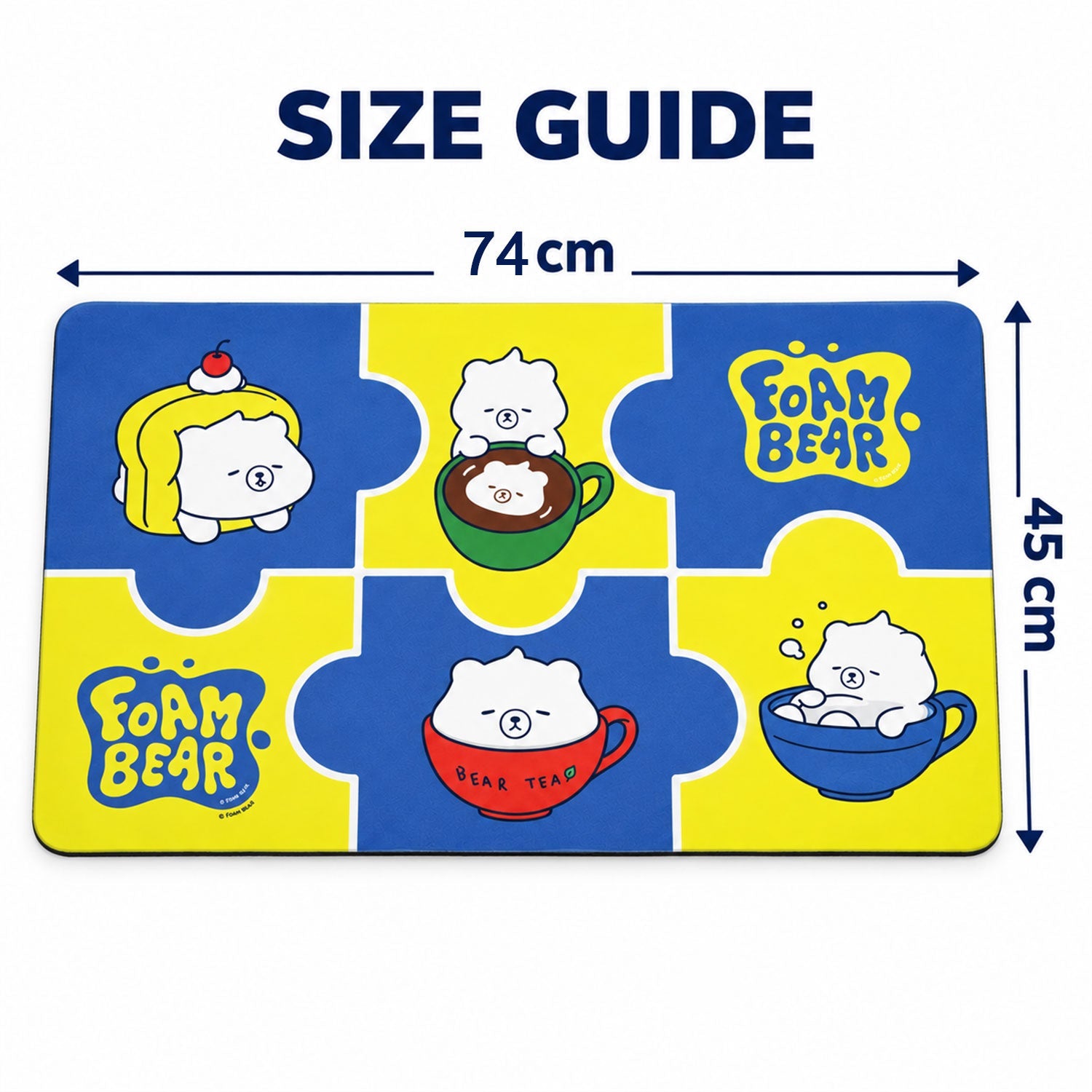 The blue and yellow bath mat with cartoon bears is shown with dimensions of 74 cm length and 45 cm width.