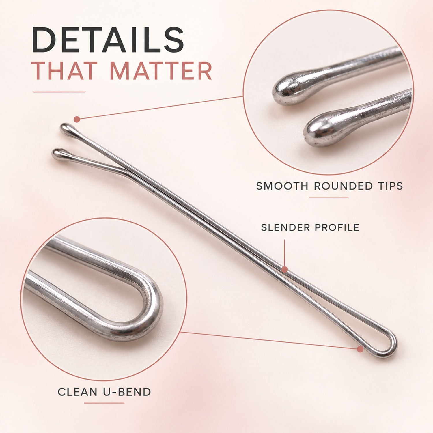 A single silver hairpin with three magnified insets showing its smooth rounded tips, slender profile, and clean U-bend.