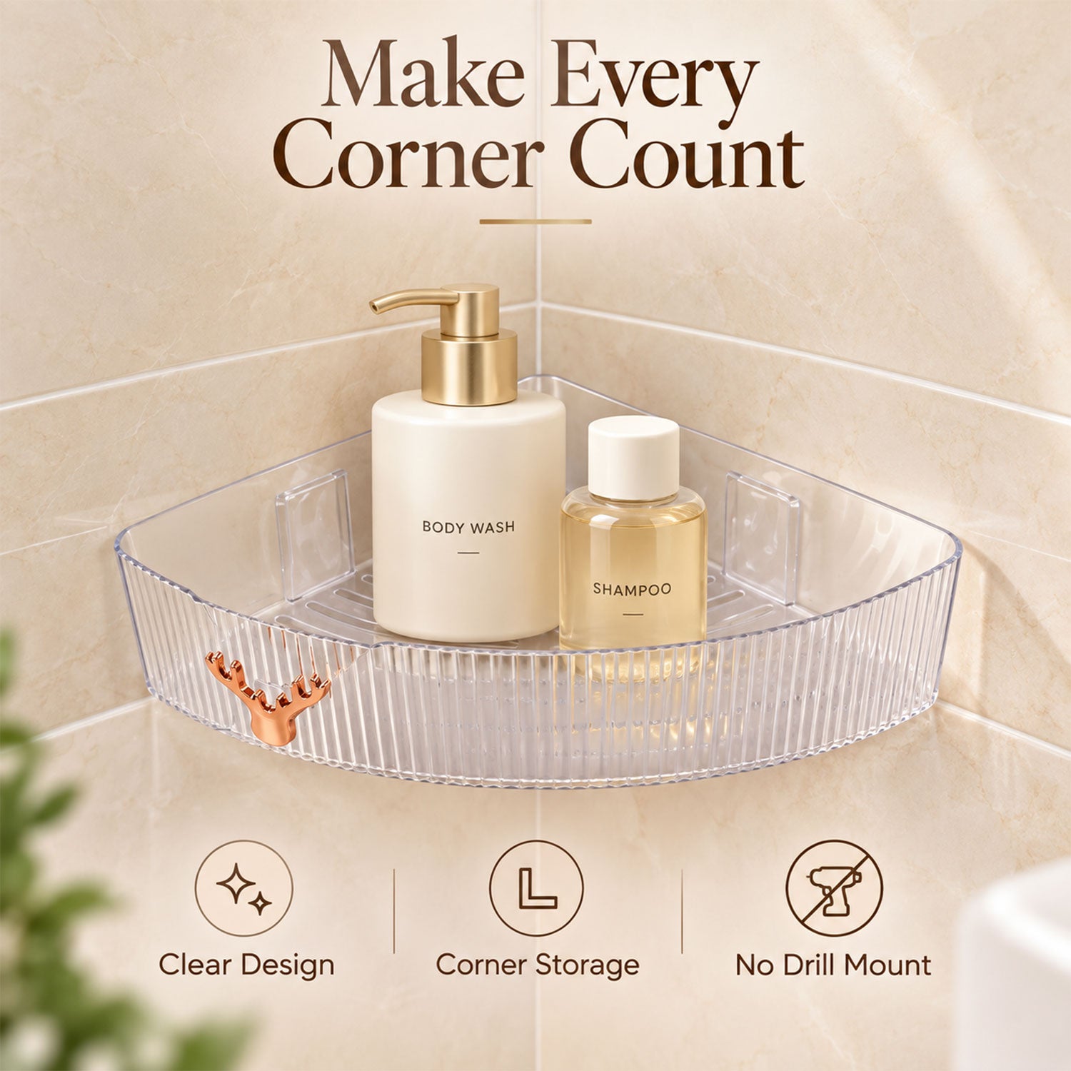 Transparent ribbed corner shelf on a tiled wall holding body wash and shampoo bottles, with feature icons below.
