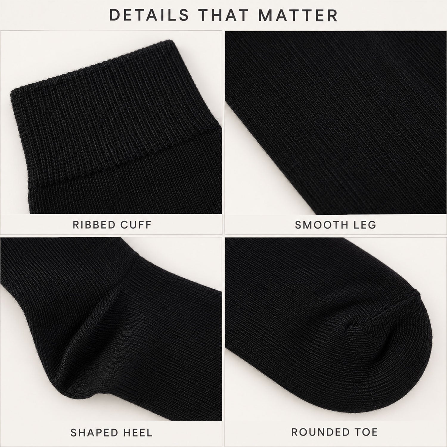 Four close-up views of a black sock, detailing its ribbed cuff, smooth leg, shaped heel, and rounded toe.