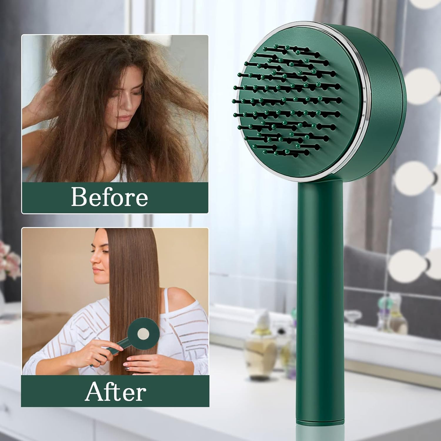 6034 Air Cushion Massage Brush, Airbag Massage Comb with Long Handle, Self-Cleaning Hair Brush, Detangling Anti-Static for All Hair