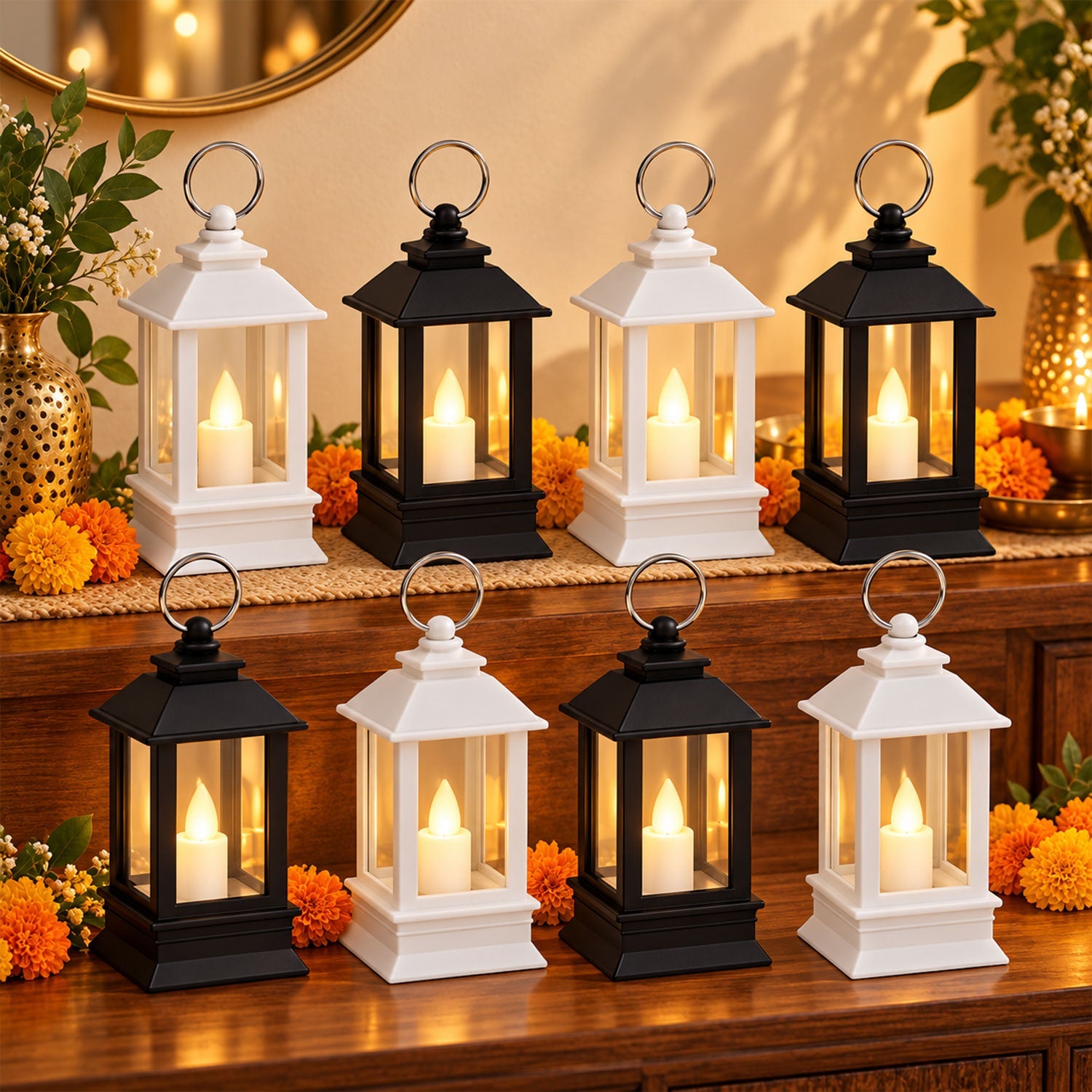 Eight small black and white lanterns with glowing LED candles are arranged in two rows on a polished wooden surface,