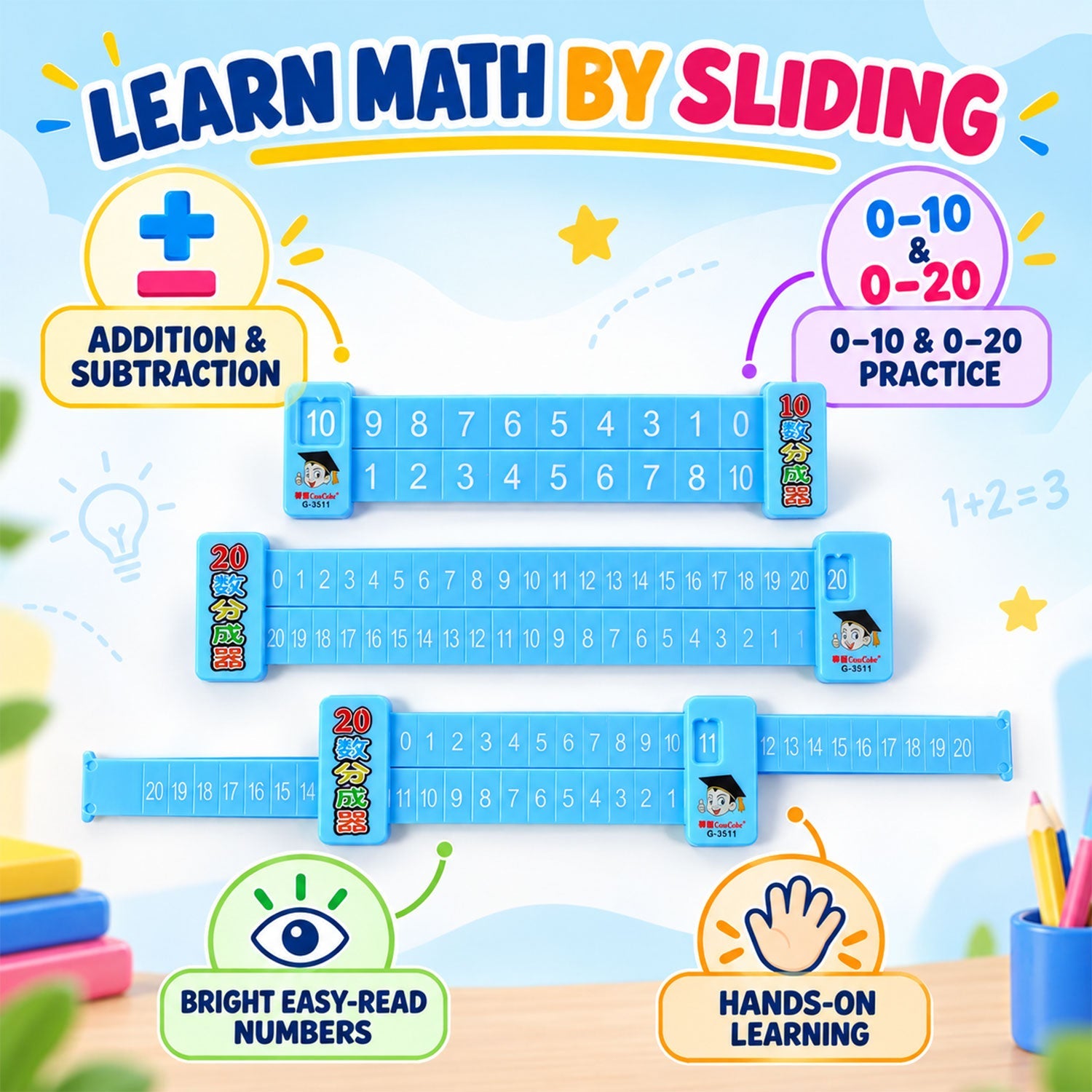 Three blue math rulers are displayed, illustrating different number ranges and features for learning addition and
