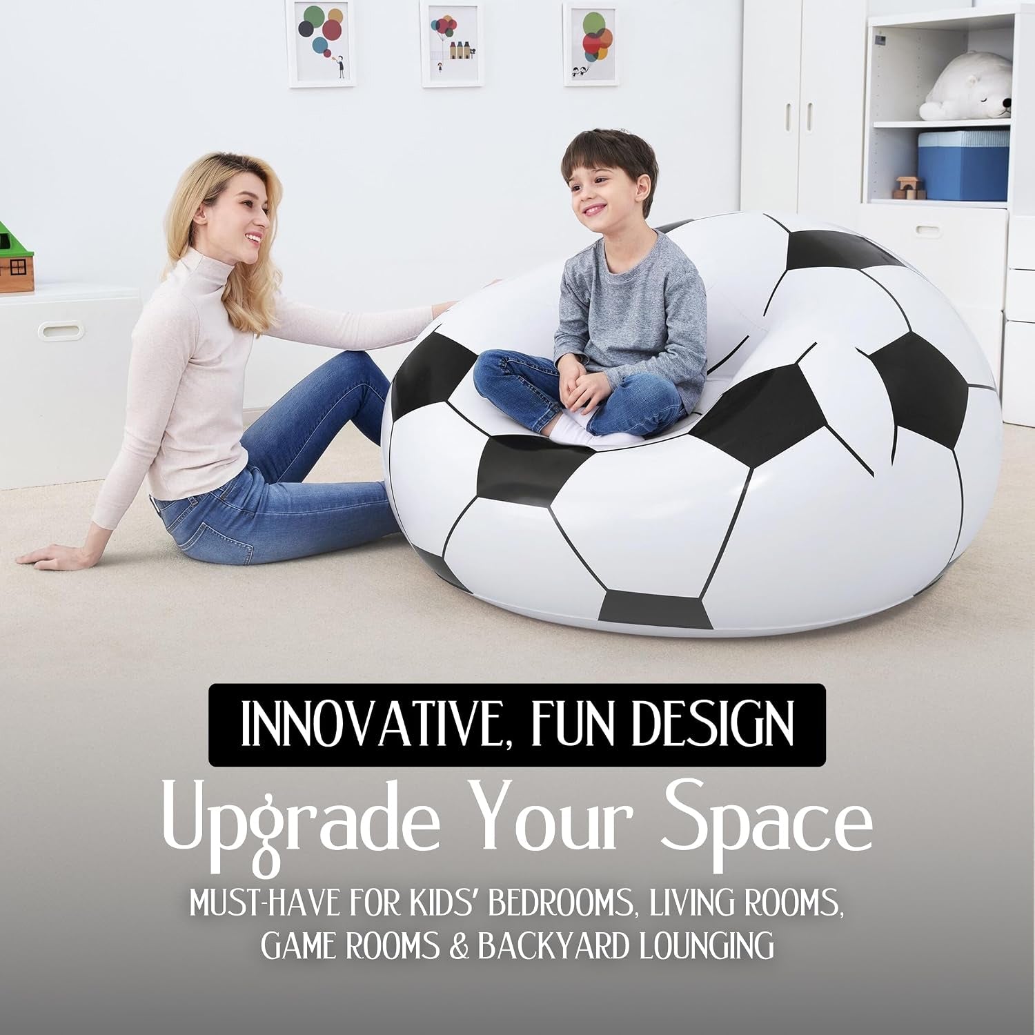 Inflatable soccer ball lounge chair beside gaming setup in a bedroom