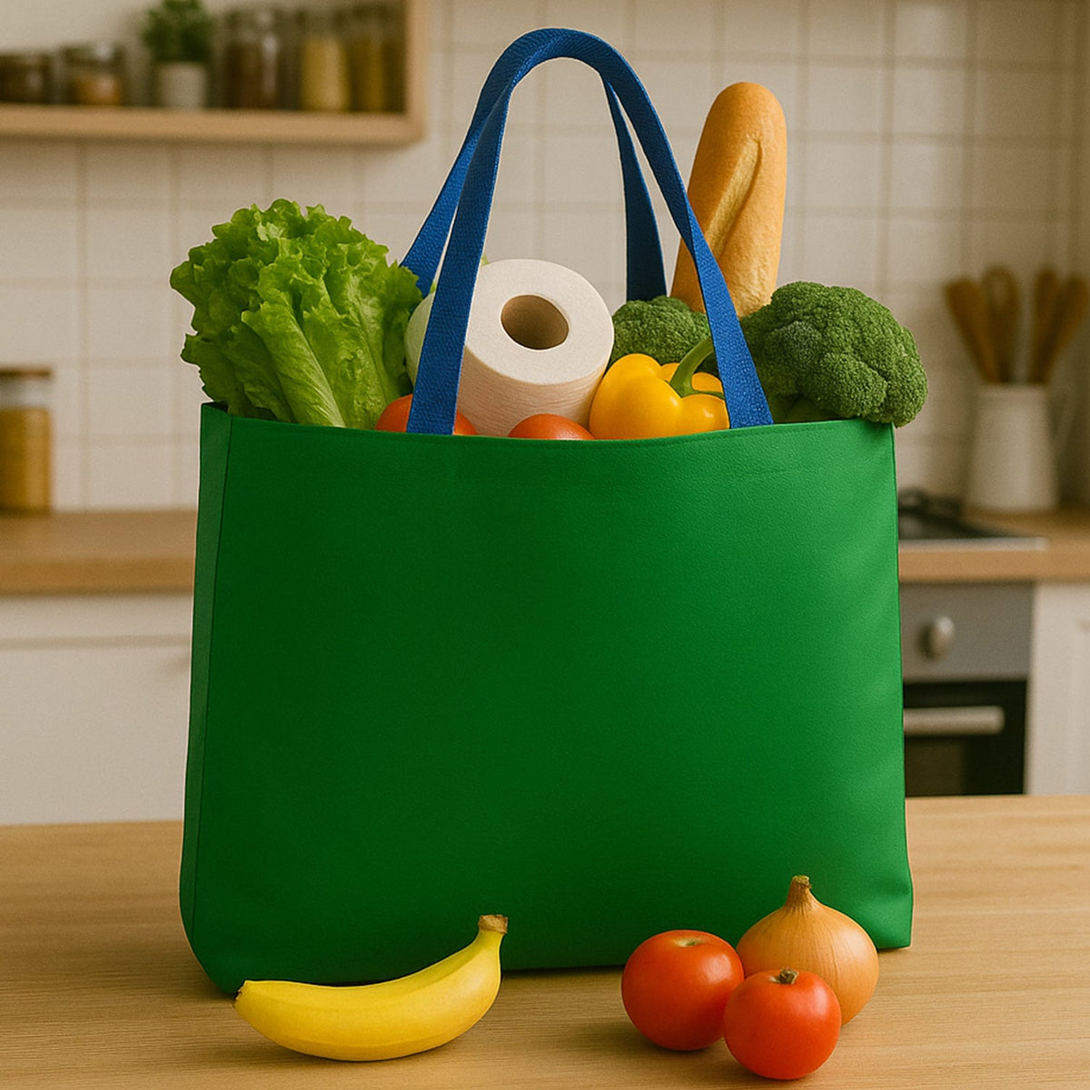Eco-friendly large reusable shopping tote bag with blue straps