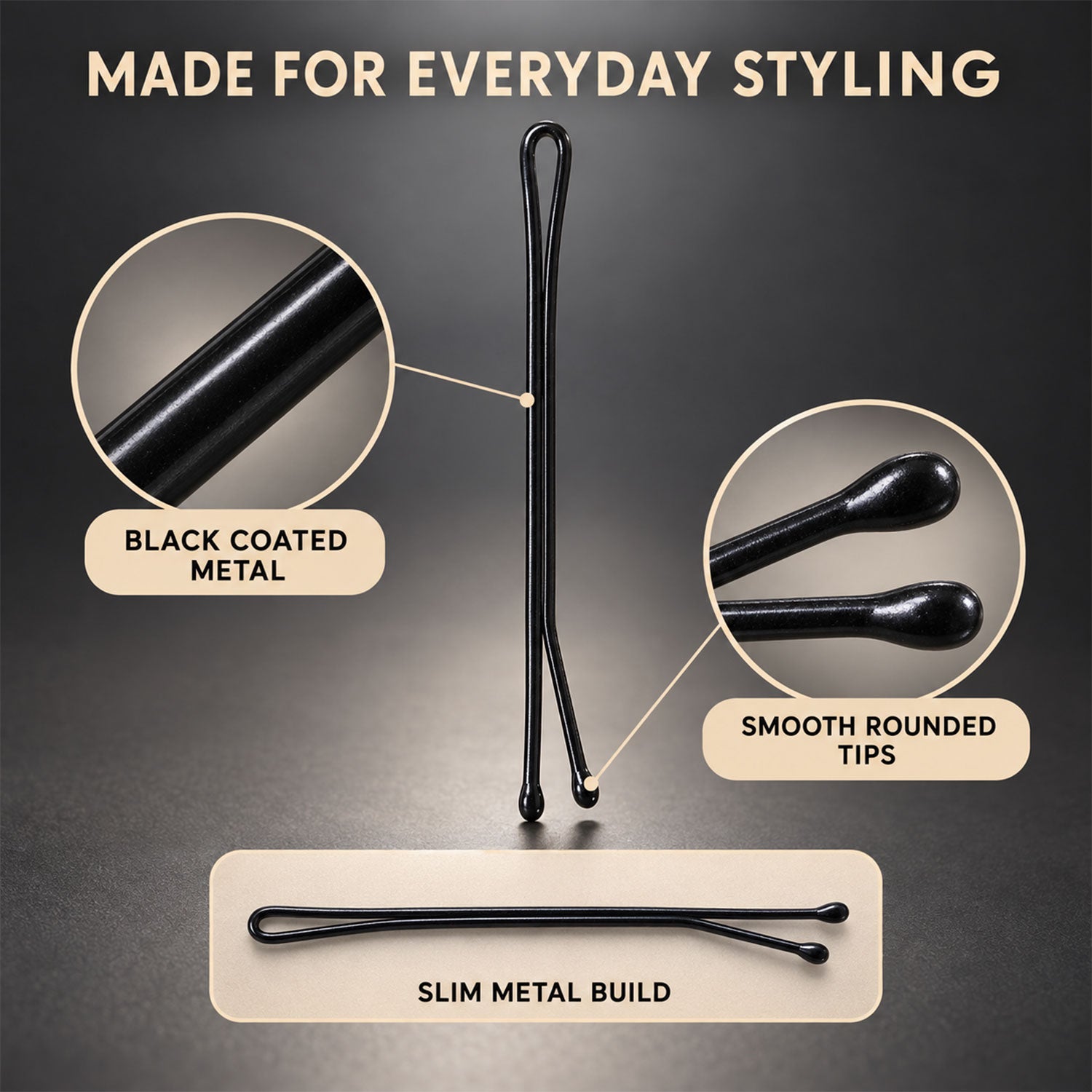 Two black U-pins are featured with magnified views of their black coated metal and smooth rounded tips.