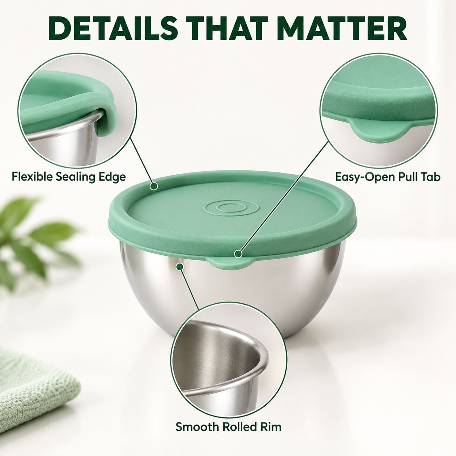 A stainless steel bowl with a green lid, showcasing its flexible sealing edge, easy-open pull tab, and smooth rolled rim.