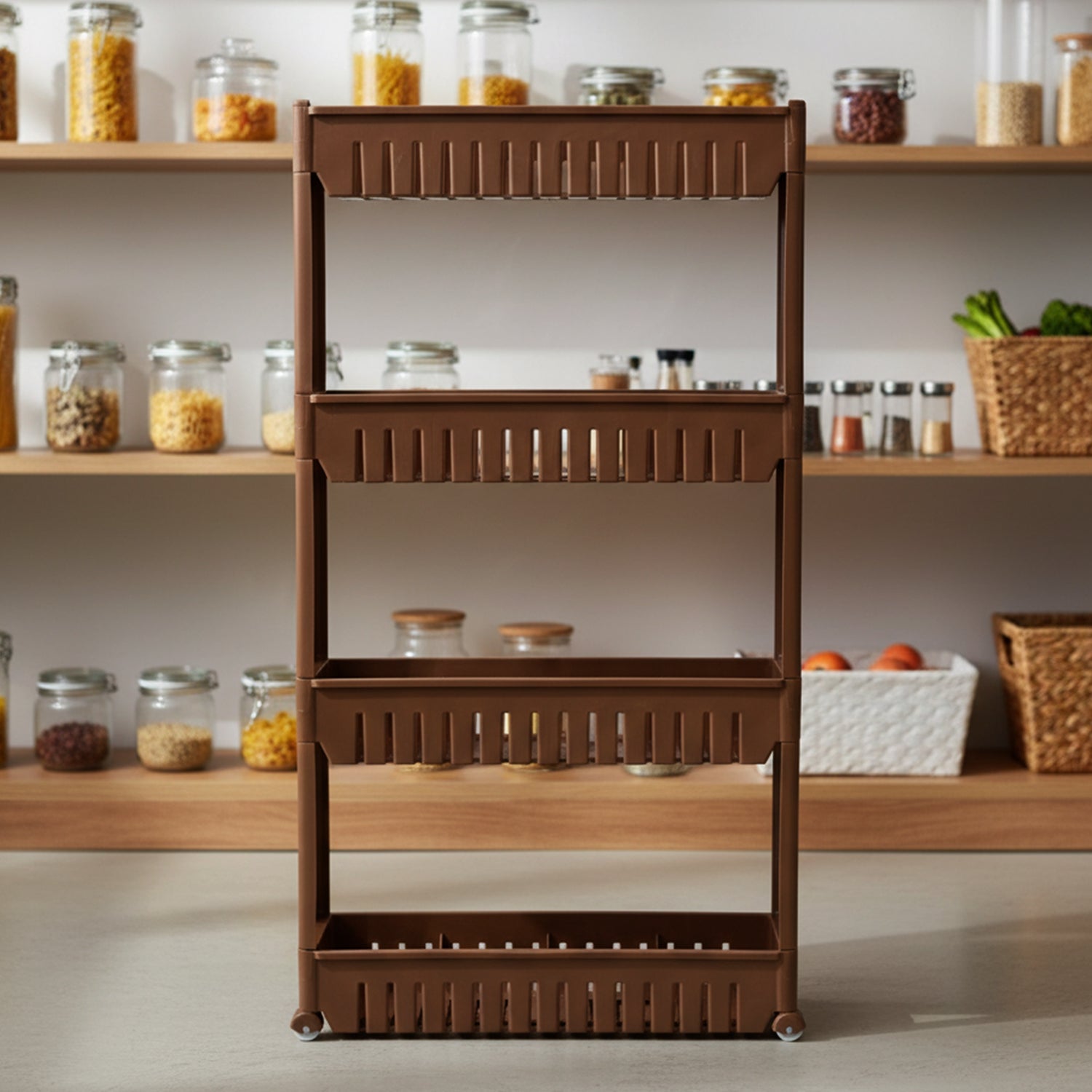 Multipurpose Plastic 4 Layer Storage Rack with Wheels