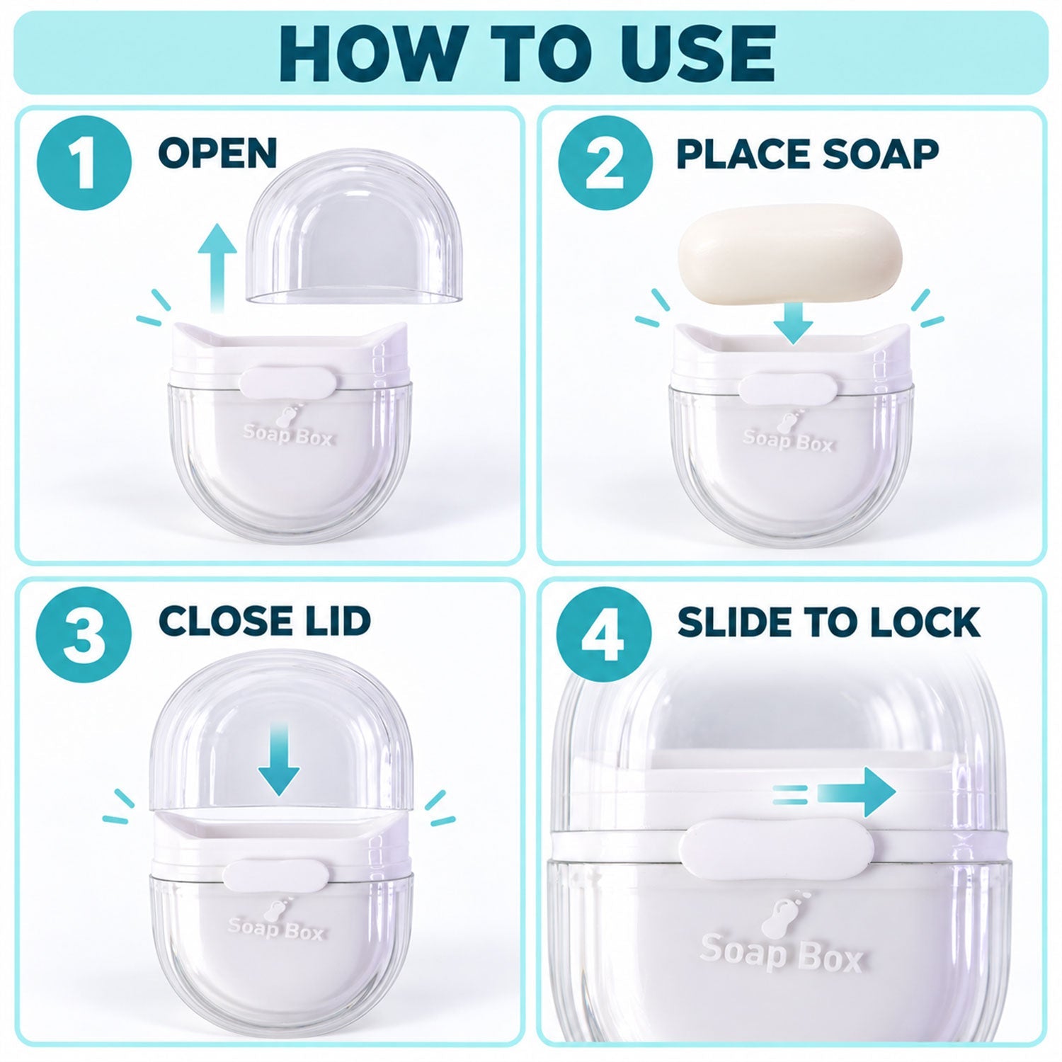 A four-step graphic showing how to open, place soap, close the lid, and slide to lock the clear and white soap box.