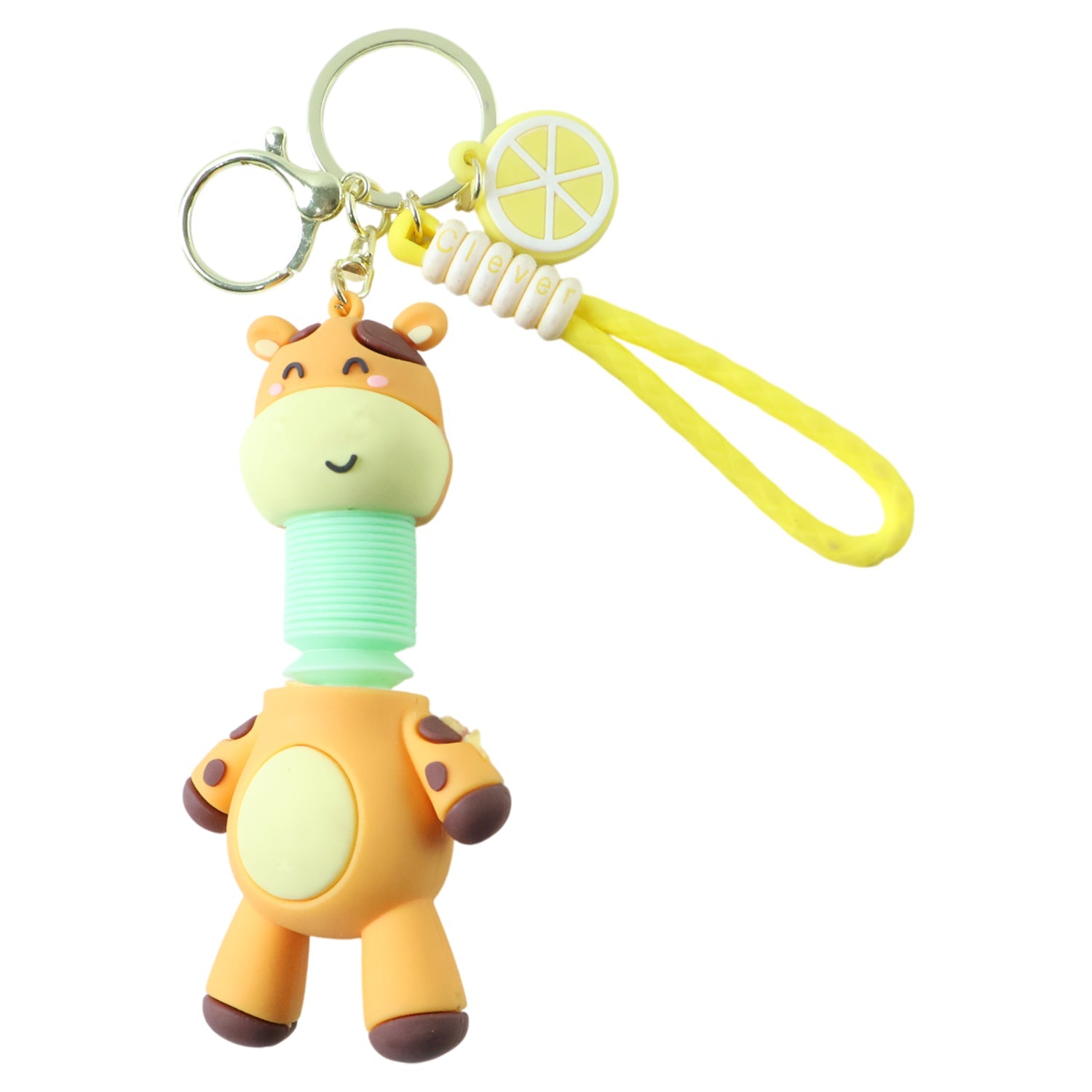 Playful giraffe keychain hanging on bag