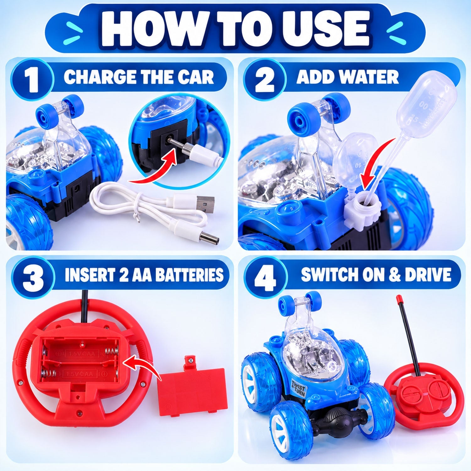A four-step guide on how to use the blue remote control stunt car, including charging and adding water.