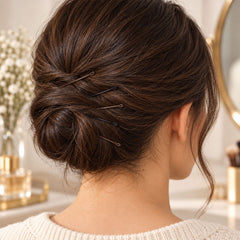 The back of a woman's head shows a neat bun secured with several brown and black bobby pins.