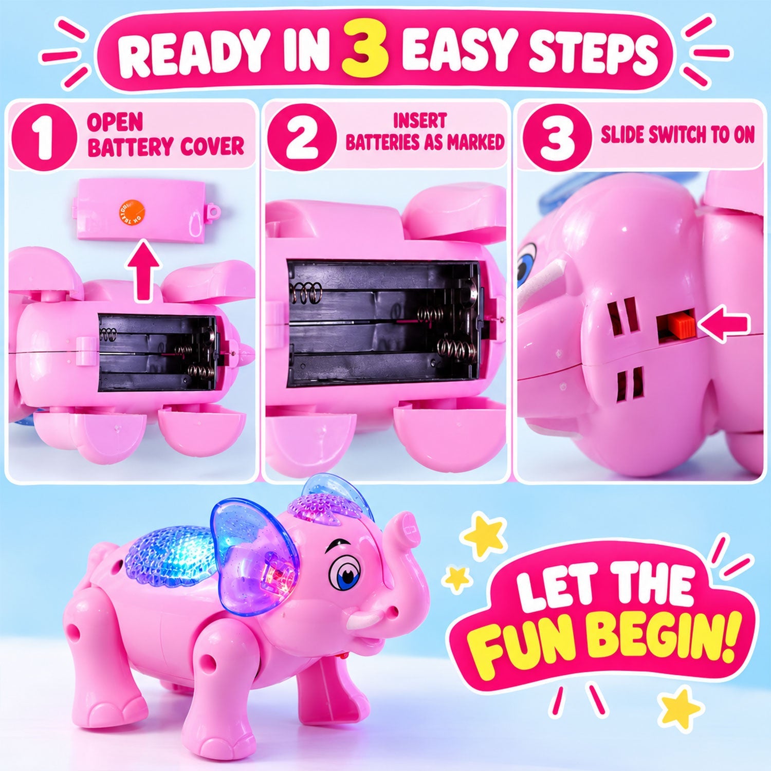Three steps illustrating how to open the battery cover, insert batteries, and slide the switch on the pink toy.