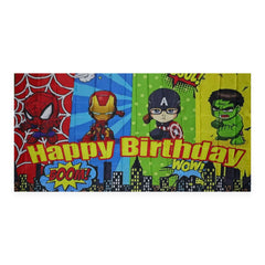 Happy Birthday backdrop with cartoon superheroes and colourful comic panels on white