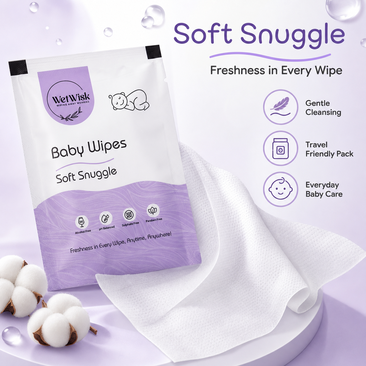 Baby wipes with gentle cleansing formula features