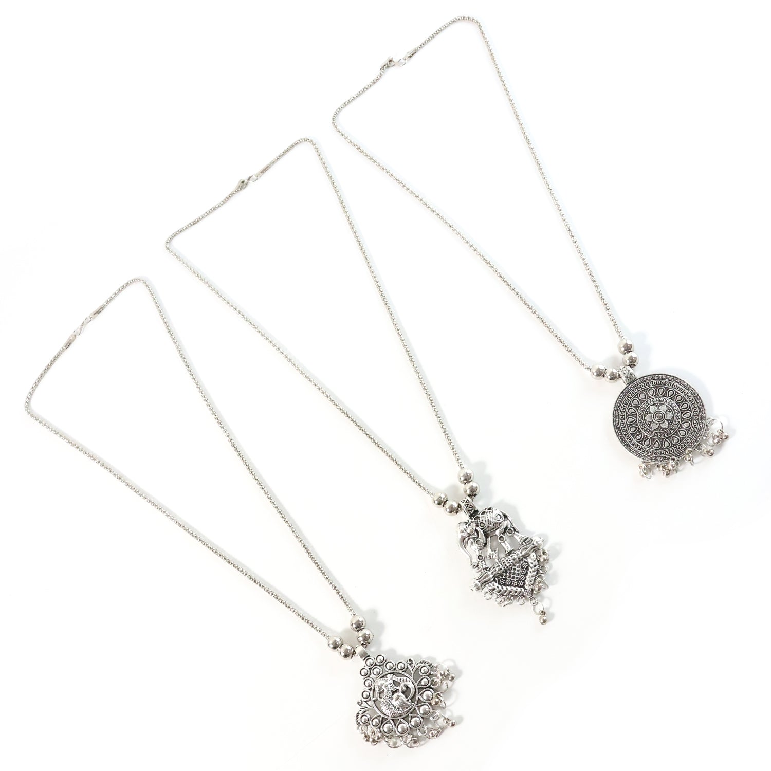 Oxidised Silver Finish Traditional Pendant Necklace – Mix Design (1 Pc)