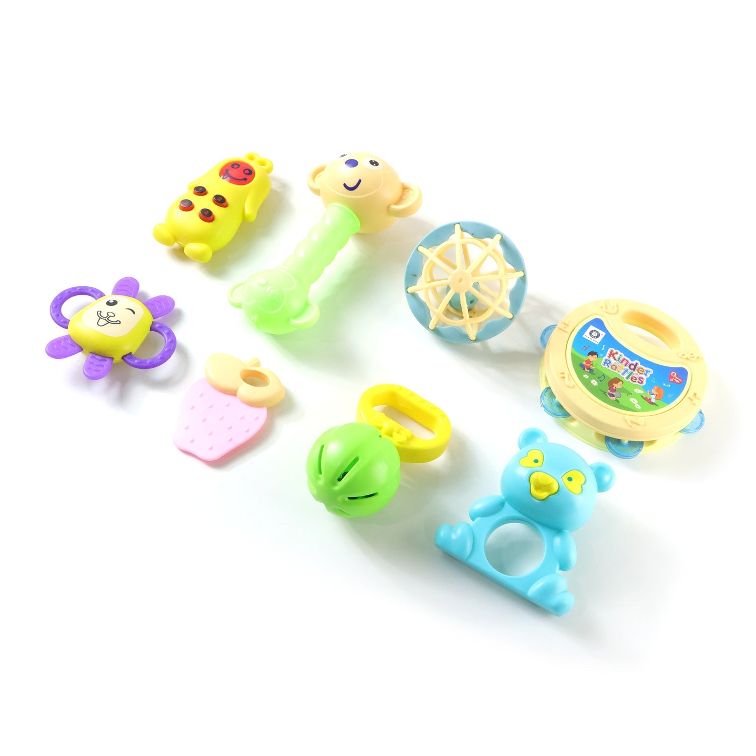 Baby playing with a blue and green rattle toy