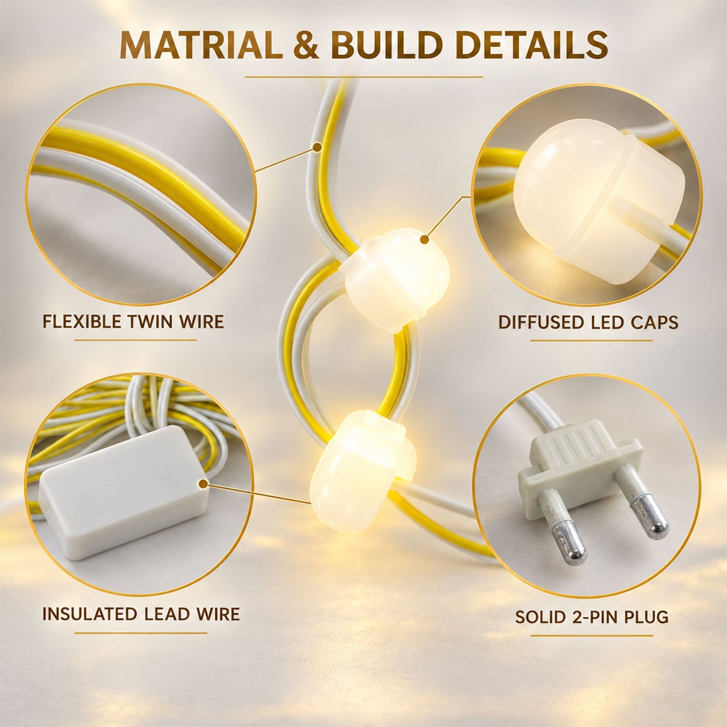 Material and build details of the warm white bulb string lights, showing flexible twin wire, diffused LED caps, insulated