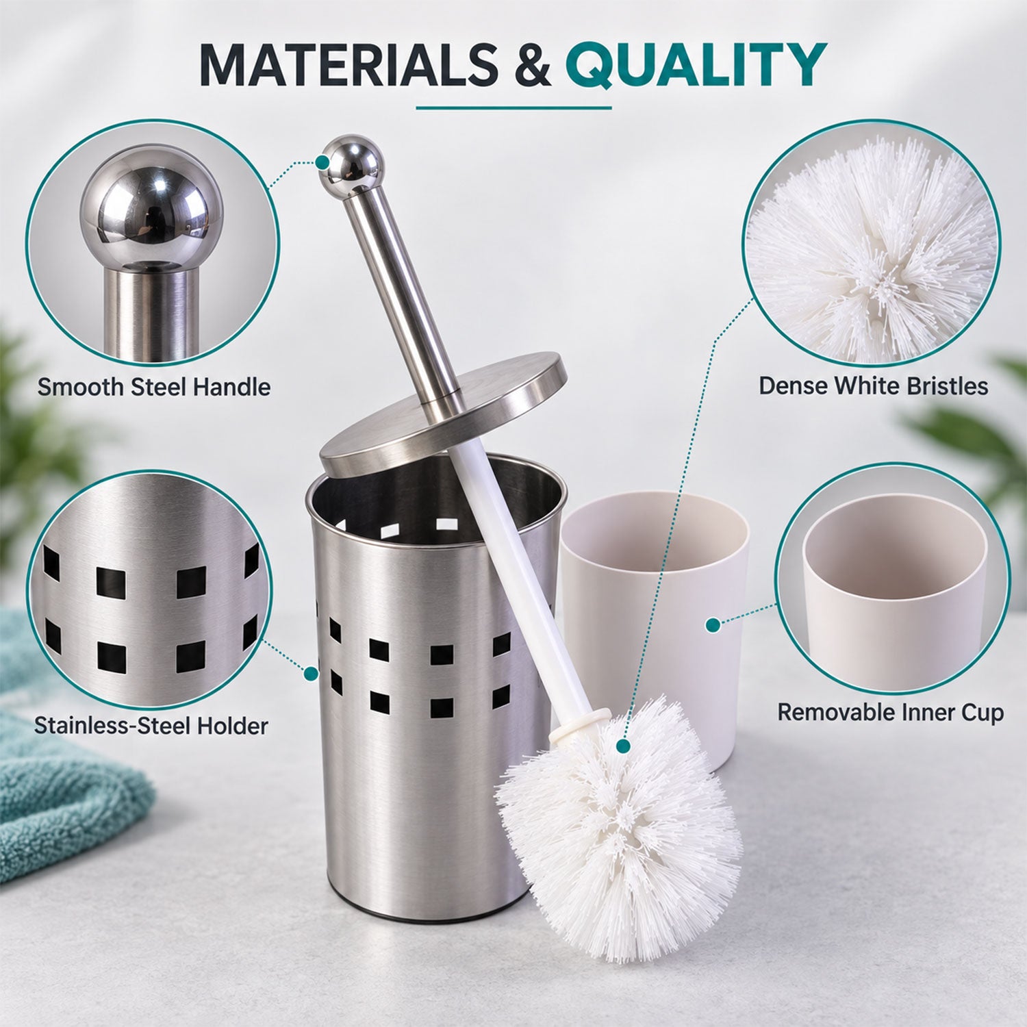 An exploded view of the toilet brush and holder, highlighting the smooth steel handle, dense white bristles, and removable