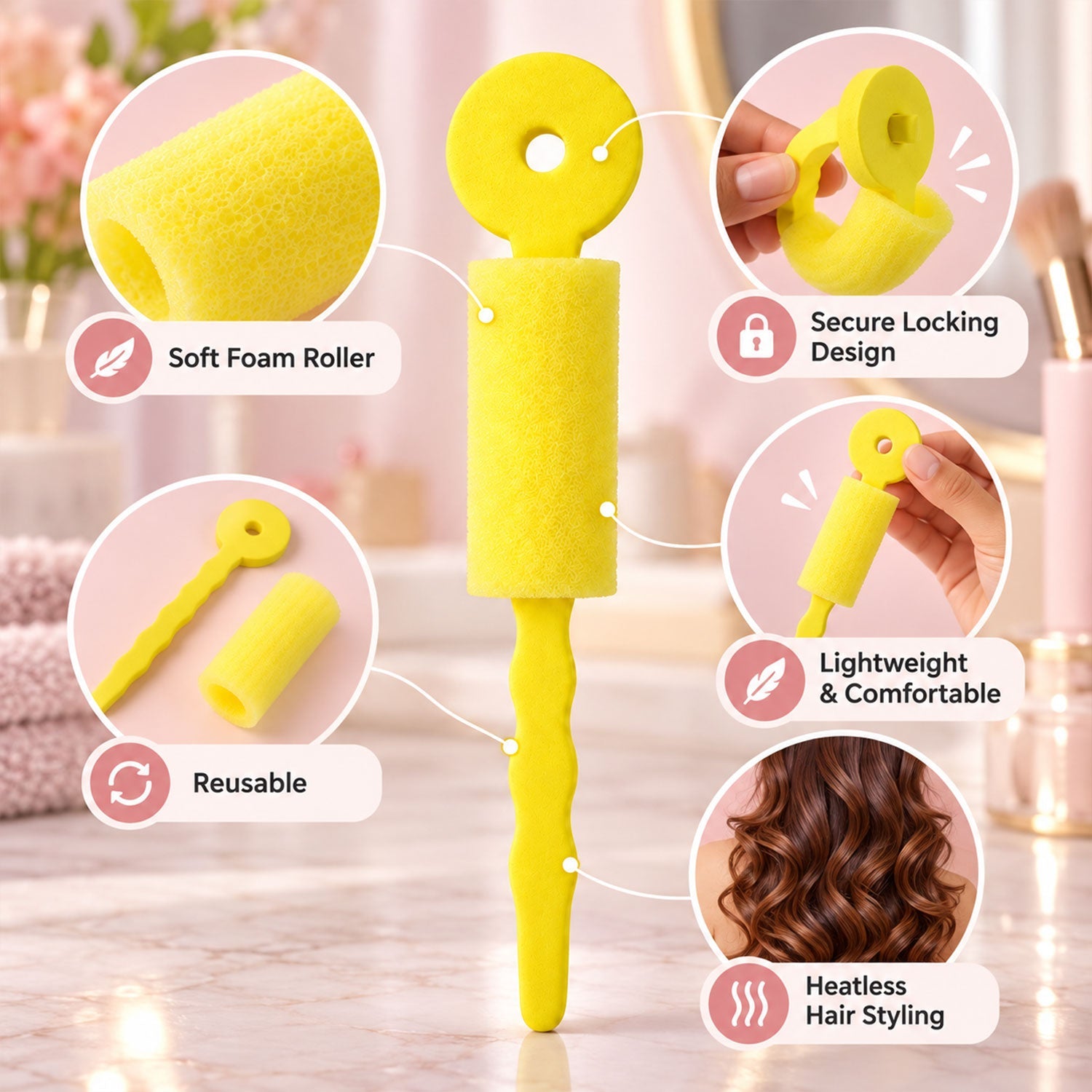 An infographic highlights the features of the yellow foam hair roller, including its soft material.