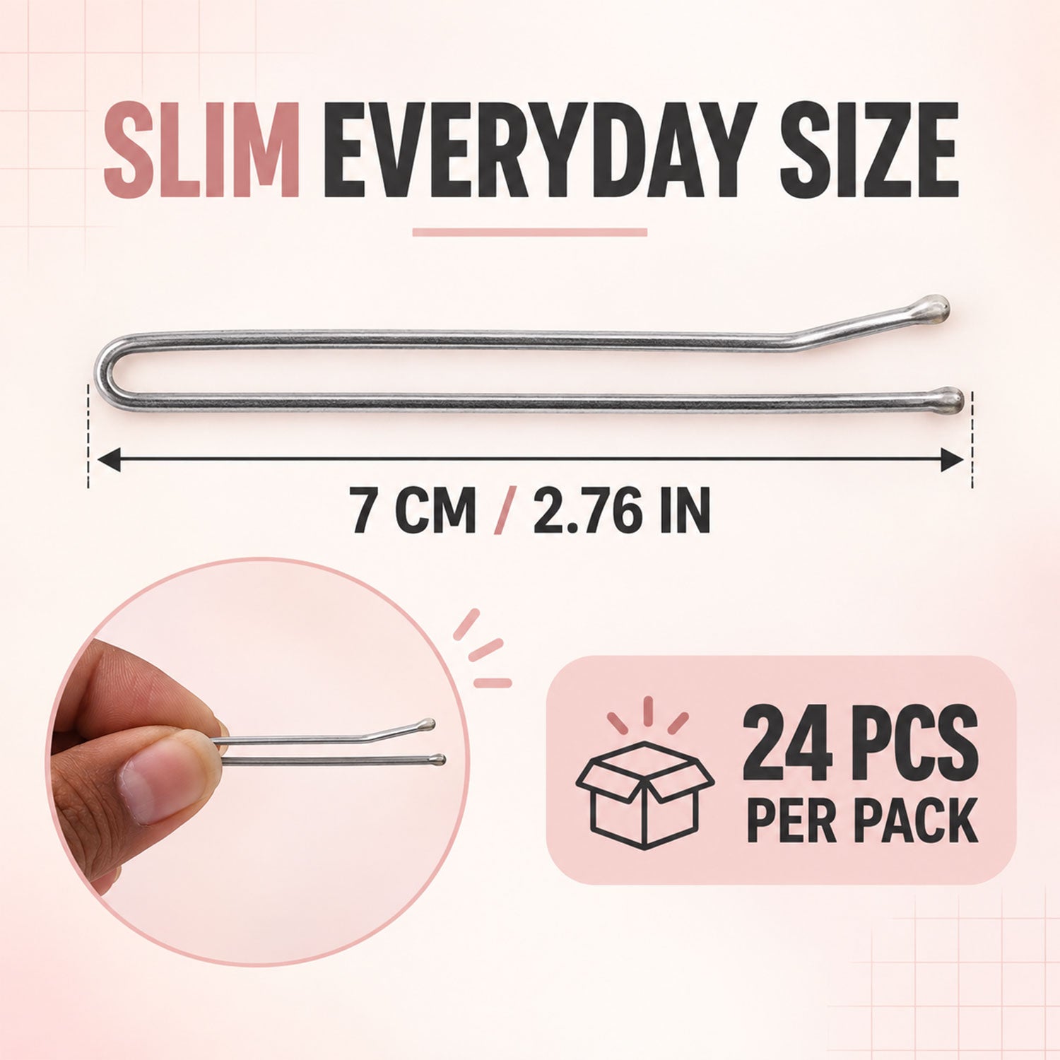 A single silver hairpin shown with measurements, a hand holding two pins, and an icon for twenty-four pieces.
