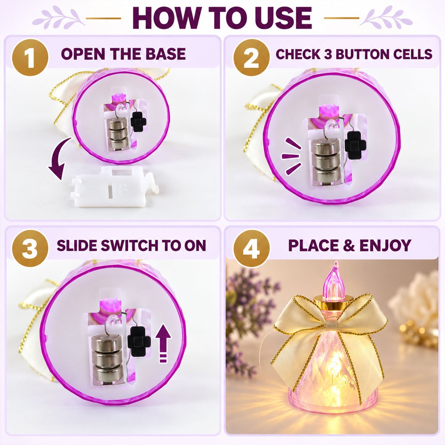 A four-panel instructional image shows how to open the base, check button cells, slide the switch, and enjoy the LED candle.
