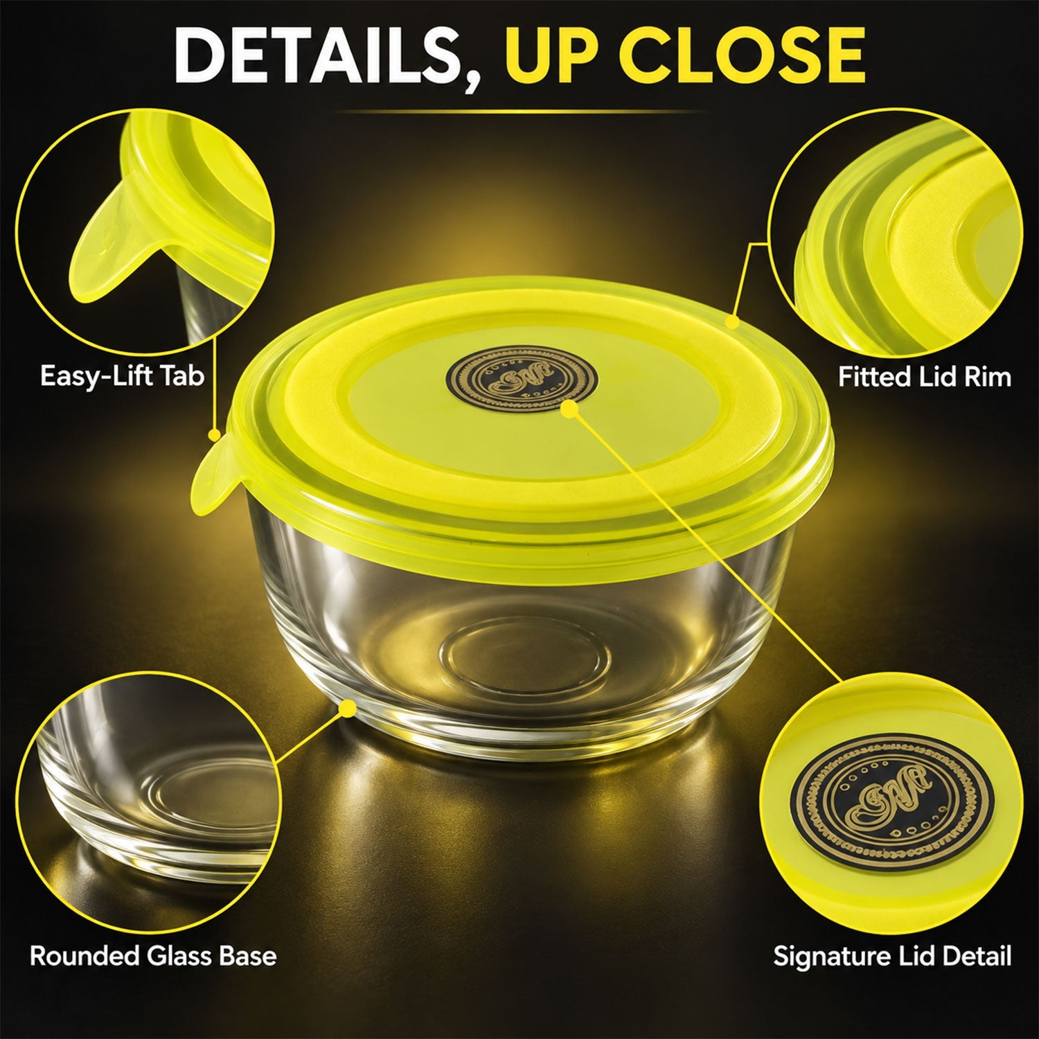 A single glass bowl with a yellow lid, highlighting its easy-lift tab and rounded base.