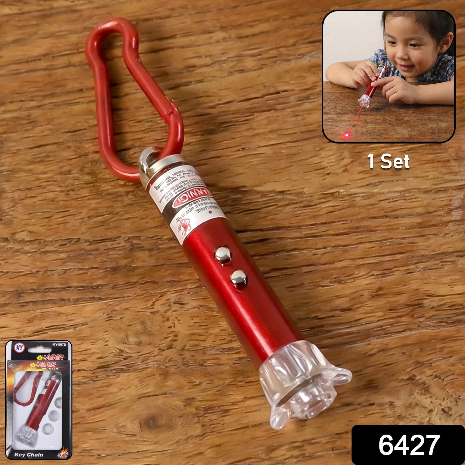 Laser pointer and flashlight keychain showing red and blue laser beams