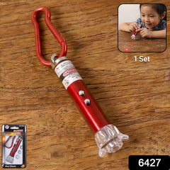 Laser pointer and flashlight keychain showing red and blue laser beams